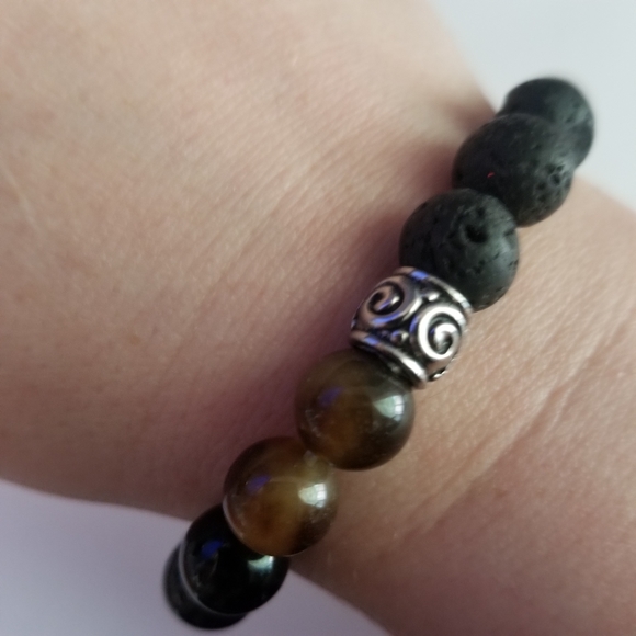 Gemstone beads stretch bracelet black orange lava silver tone - Picture 3 of 9